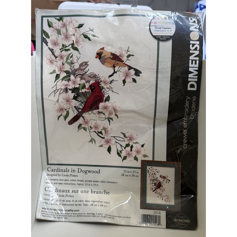 Vtg 1998 Dimensions Crewel Kit Cardinals In Dogwood 11" x 15" Red Bird 1516 New